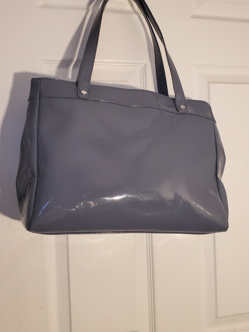 Emporio Armani Glossy Gray Patent Tote with Logo Charm - Picture 5 of 6